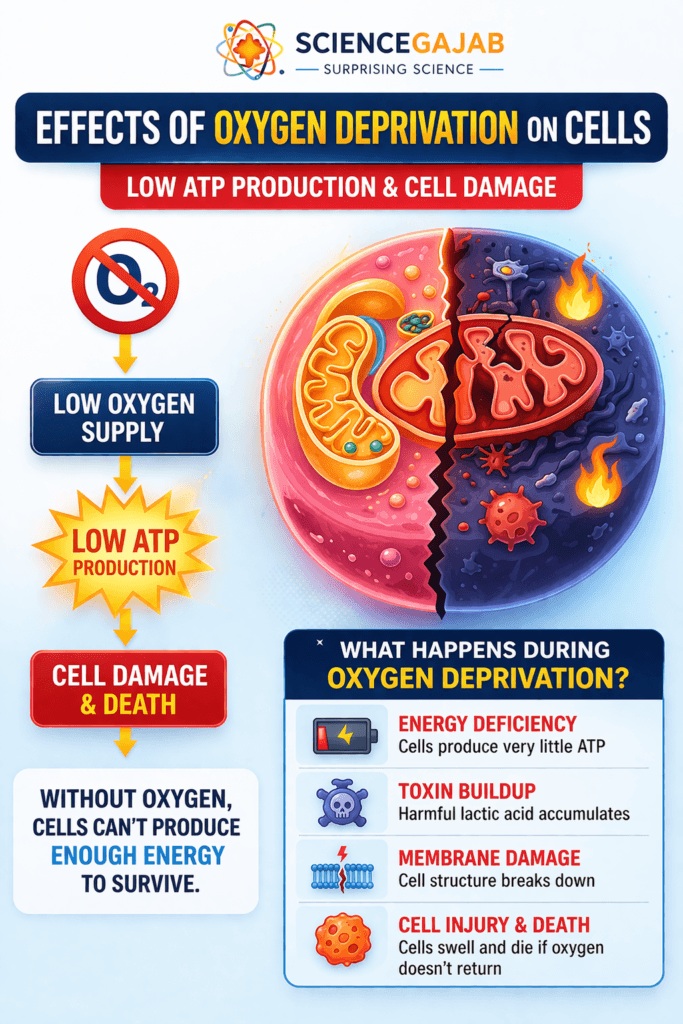 Diagram showing effects of oxygen deprivation on cells including low ATP production and cell damage