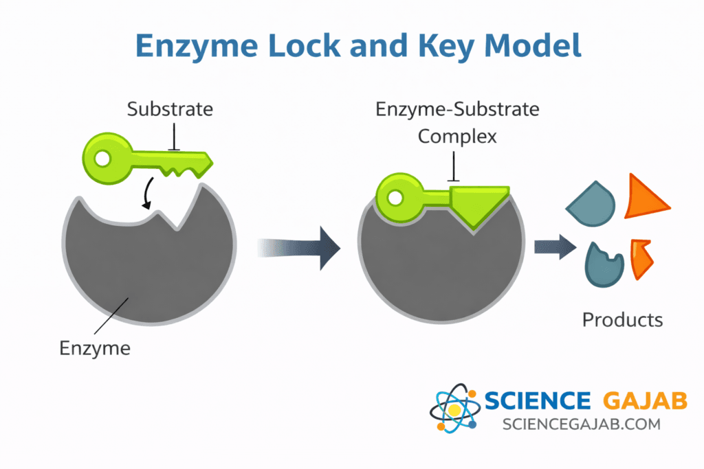 Simple diagram showing enzyme lock and key model with substrate fitting into active site and forming products generate