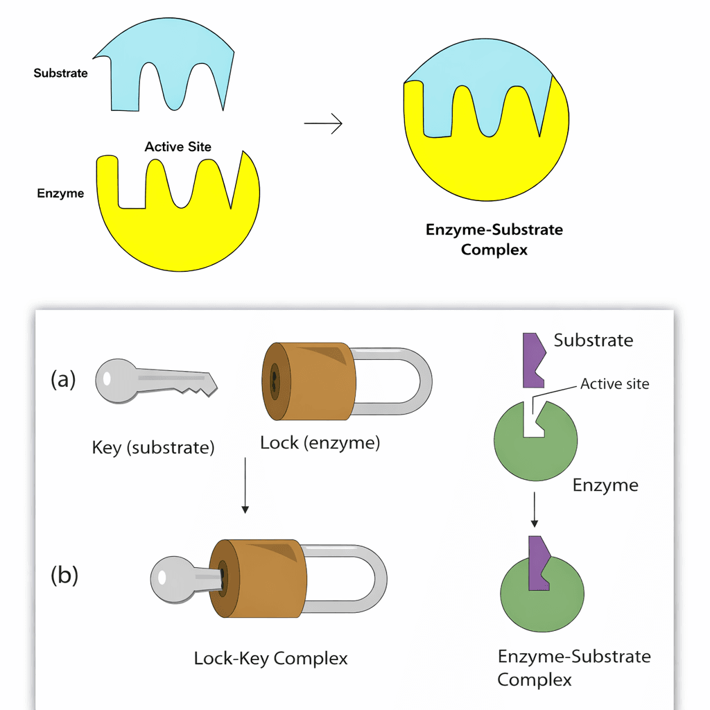 Diagram of enzyme action showing the enzyme-substrate complex and lock-and-key model. The top section illustrates a substrate fitting into an enzymeโs active site to form a complex, while the bottom section uses a key and lock analogy to explain specificity. Clear labels highlight substrate, enzyme, and active site, with