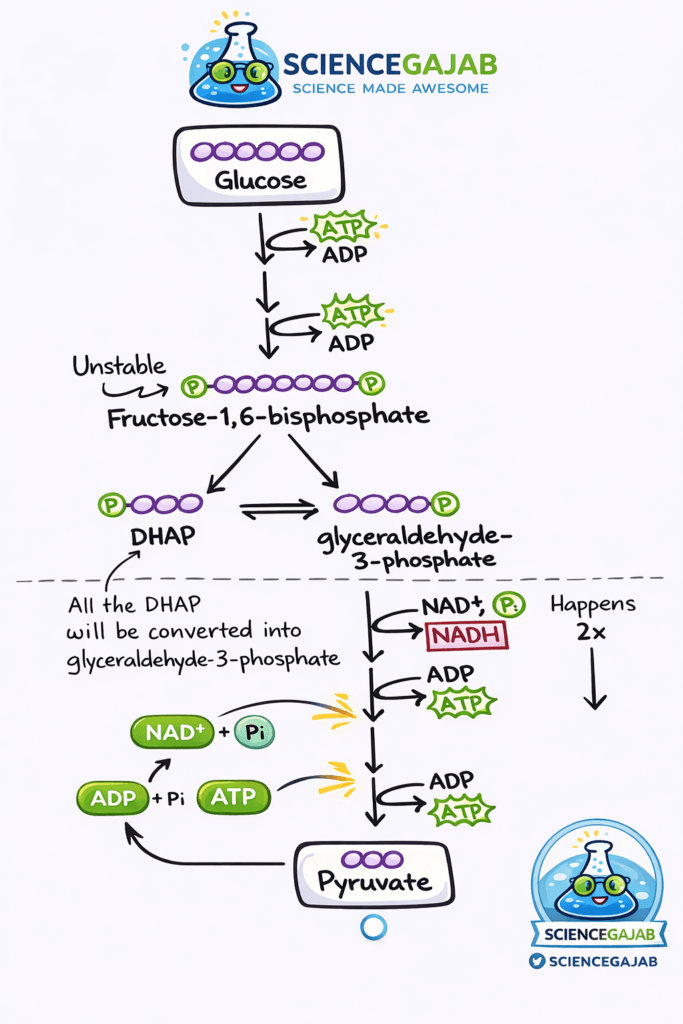 Step-by-step glycolysis pathway diagram showing glucose breakdown into pyruvate with ATP production, NADH formation, and key intermediates like fructose-1,6-bisphosphate, DHAP, and glyceraldehyde-3-phosphate, illustrated with colorful labels