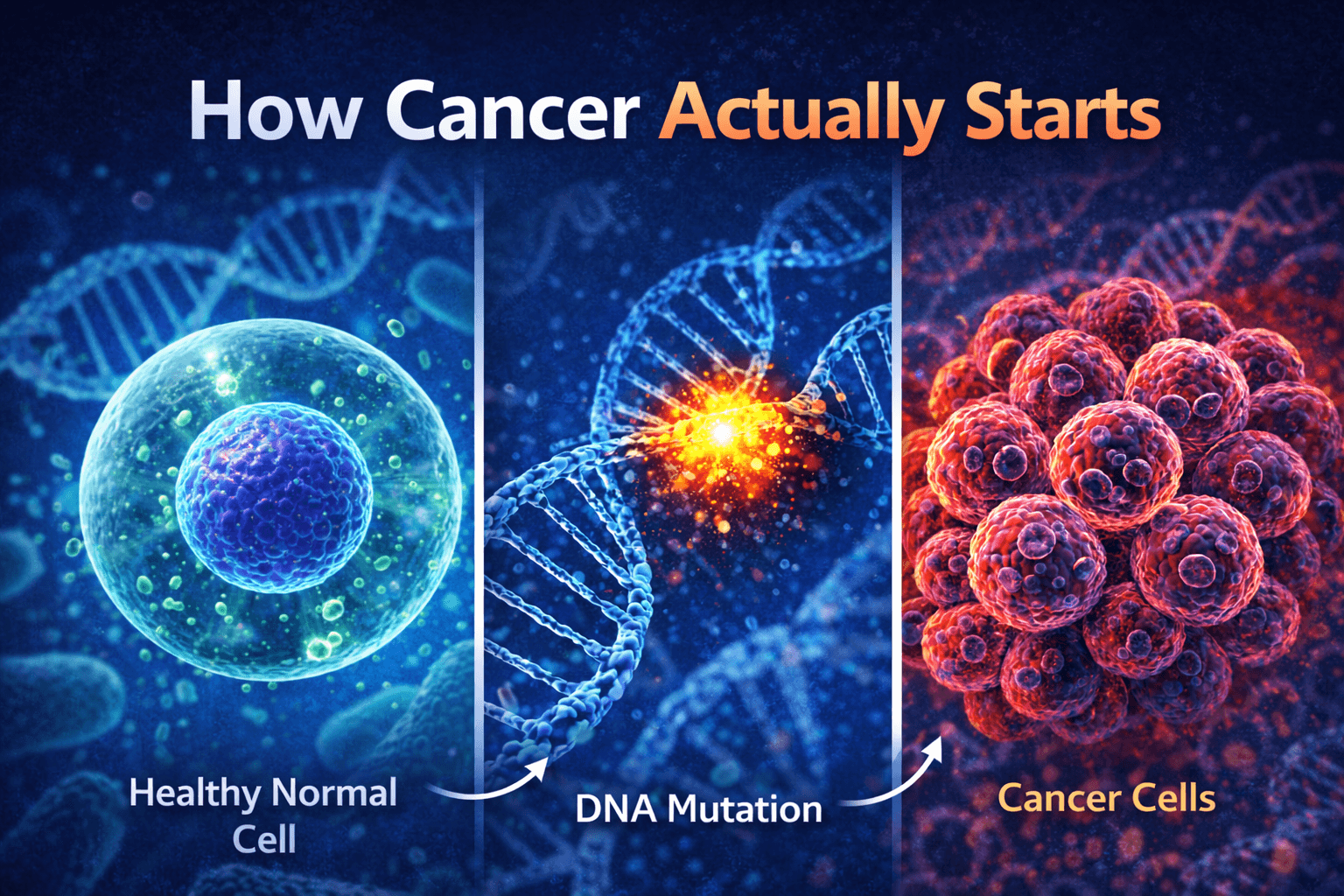 Illustration showing how cancer starts in the body with DNA mutation causing uncontrolled cell division and tumor formation.