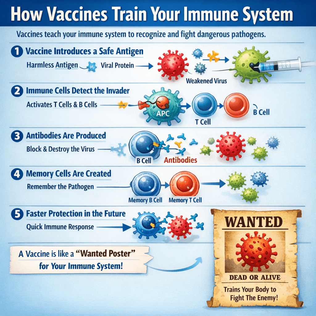 Infographic explaining how vaccines train the immune system: a vaccine introduces a harmless antigen, immune cells activate T cells and B cells, antibodies are produced to fight the virus, memory B and T cells form, and the body responds faster to future infections