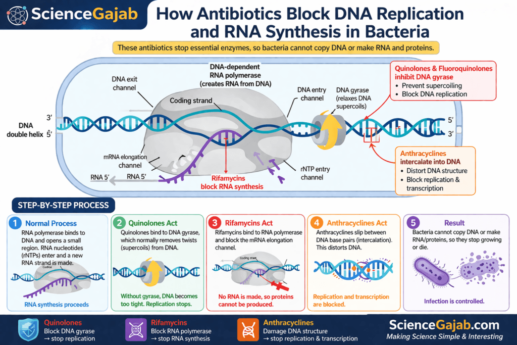Infographic explaining how antibiotics block DNA replication and RNA synthesis in bacteria, highlighting quinolones inhibiting DNA gyrase, rifamycins blocking RNA polymerase, and anthracyclines damaging DNA – ScienceGajab
