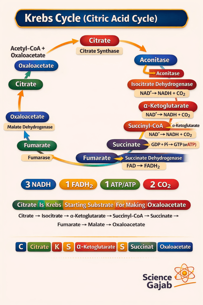 Krebs cycle diagram with all steps and enzymes showing citrate, α-ketoglutarate, NADH, FADH2 and ATP production in mitochondria