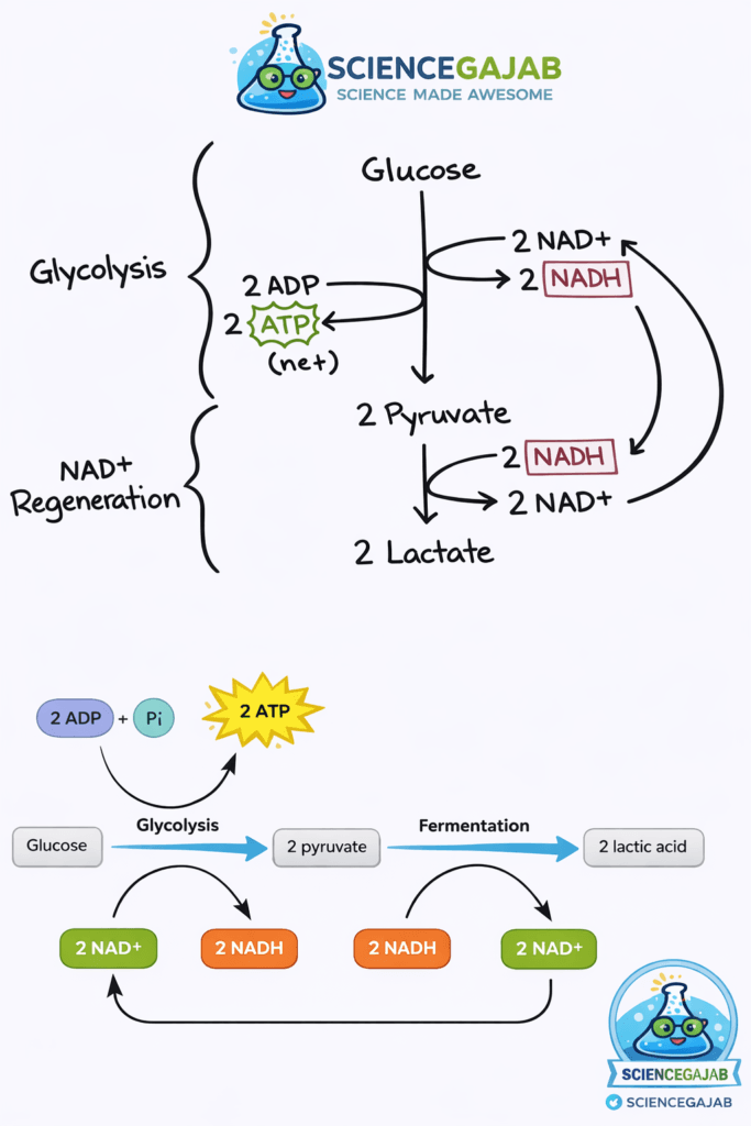 Lactic acid fermentation diagram showing glycolysis converting glucose into 2 pyruvate with net 2 ATP and NADH production, followed by NADโบ regeneration where pyruvate converts into lactate, illustrated with arrows and labeled steps, featuring ScienceGajab branding.