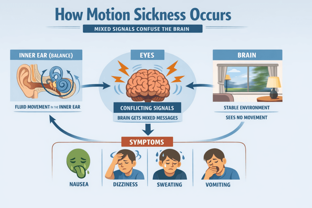 Infographic explaining motion sickness mechanism: inner ear detects movement while eyes see a stable environment, causing conflicting signals in the brain, leading to symptoms like nausea, dizziness, sweating, and vomiting.