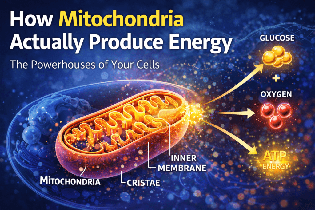 step by step mitochondria ATP production process diagram showing cellular respiration and energy generation in human cells