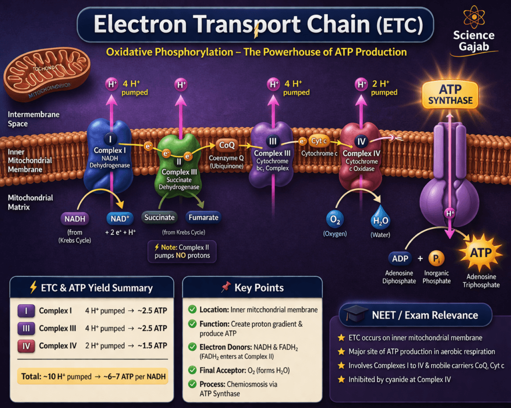 “Electron transport chain diagram showing complexes I II III IV, proton gradient and ATP synthesis in mitochondria”