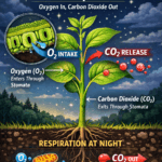 Diagram showing how plants take in oxygen and release carbon dioxide at night through stomata during respiration generate