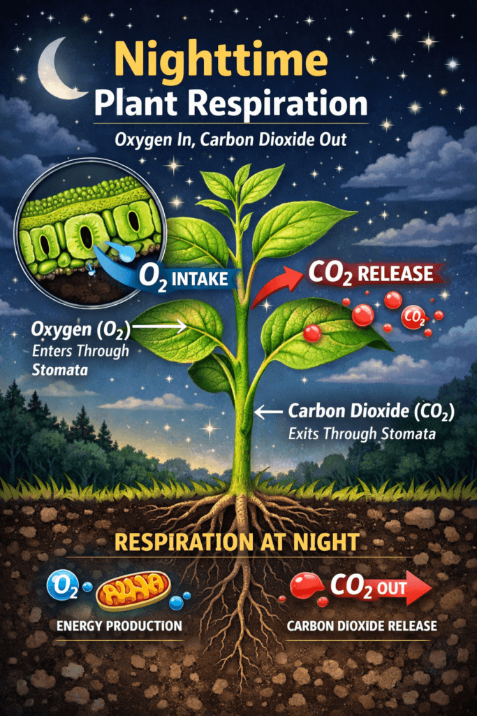 Diagram showing how plants take in oxygen and release carbon dioxide at night through stomata during respiration generate