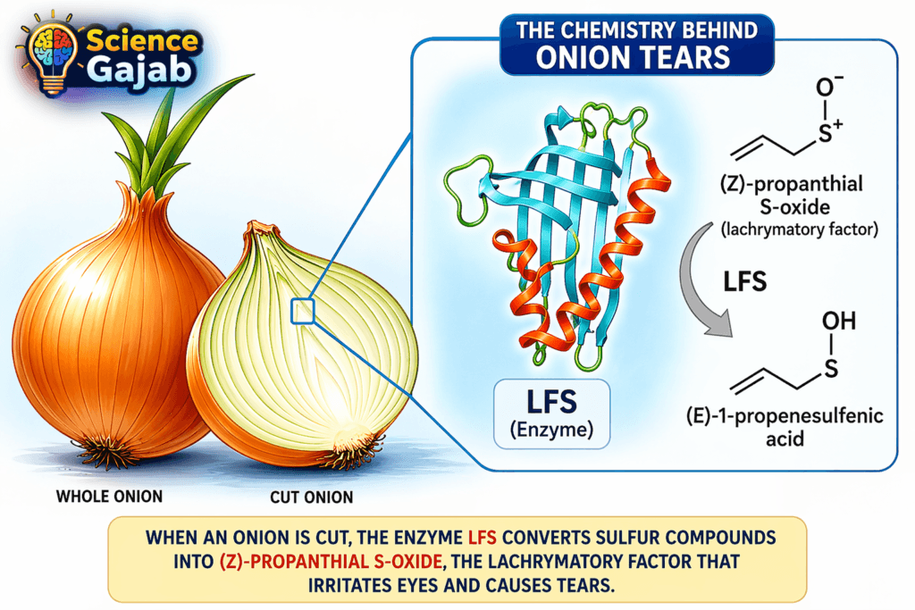 Onion tear mechanism diagram showing LFS enzyme converting sulfur compounds into syn-propanethial-S-oxide (lachrymatory factor)
