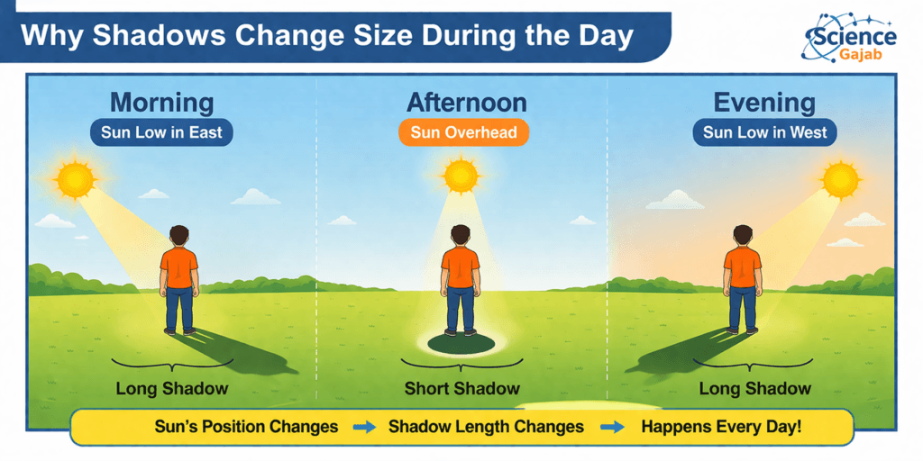 Simple diagram explaining why shadows are long in morning and evening but short at noon