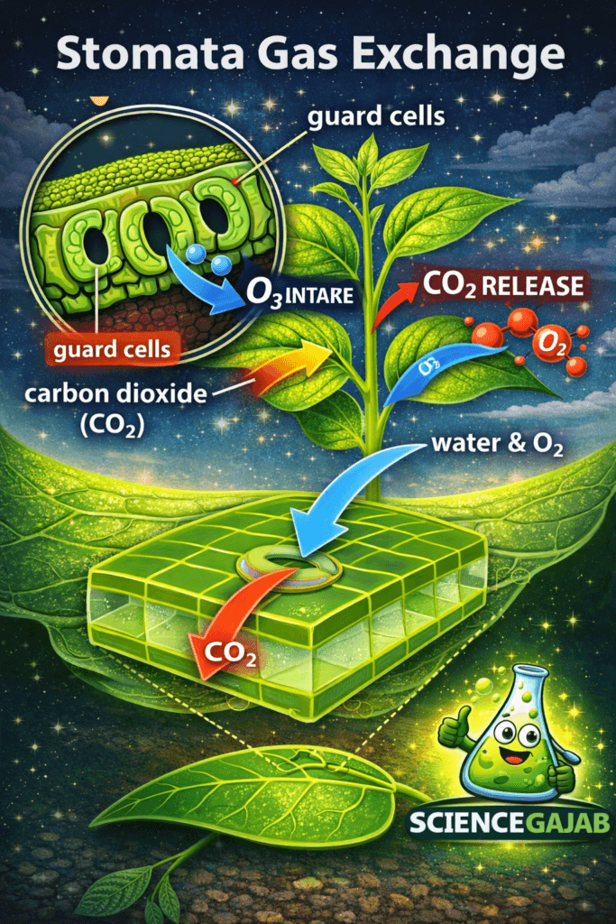 Stomata gas exchange diagram showing guard cells controlling opening and closing of stomata, with carbon dioxide entering and oxygen and water vapor exiting the leaf, illustrated with a labeled leaf cross-section .