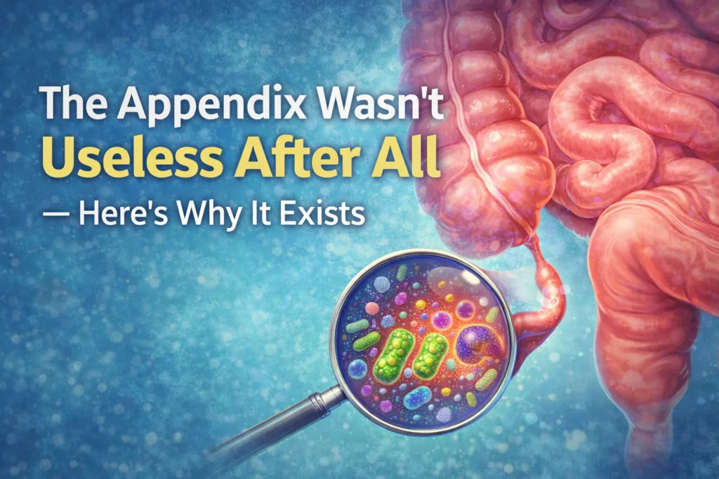 Why the appendix exists – illustration of appendix and microbiome bacteria.