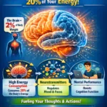 Infographic showing how the human brain, which is only 2% of body weight, consumes 20% of the body’s energy, highlighting glucose usage, neurotransmitters, and mental performance with ScienceGajab branding.