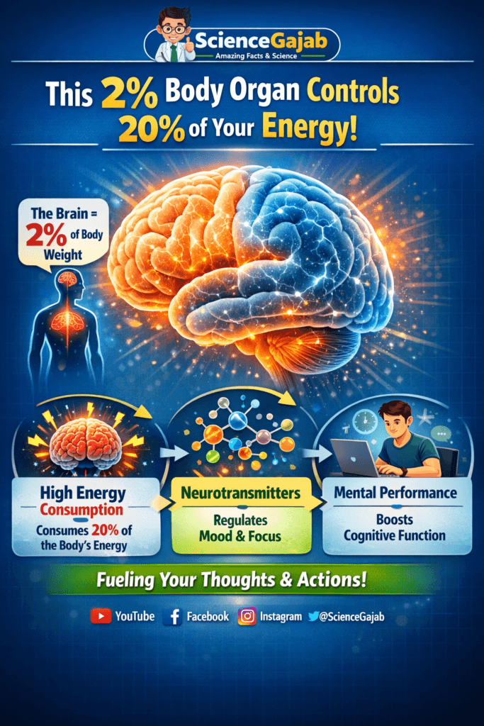 Infographic showing how the human brain, which is only 2% of body weight, consumes 20% of the body’s energy, highlighting glucose usage, neurotransmitters, and mental performance with ScienceGajab branding.