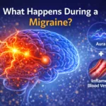Medical illustration of migraine showing brain electrical activity, aura symptoms, and inflamed blood vessels that cause migraine headaches.