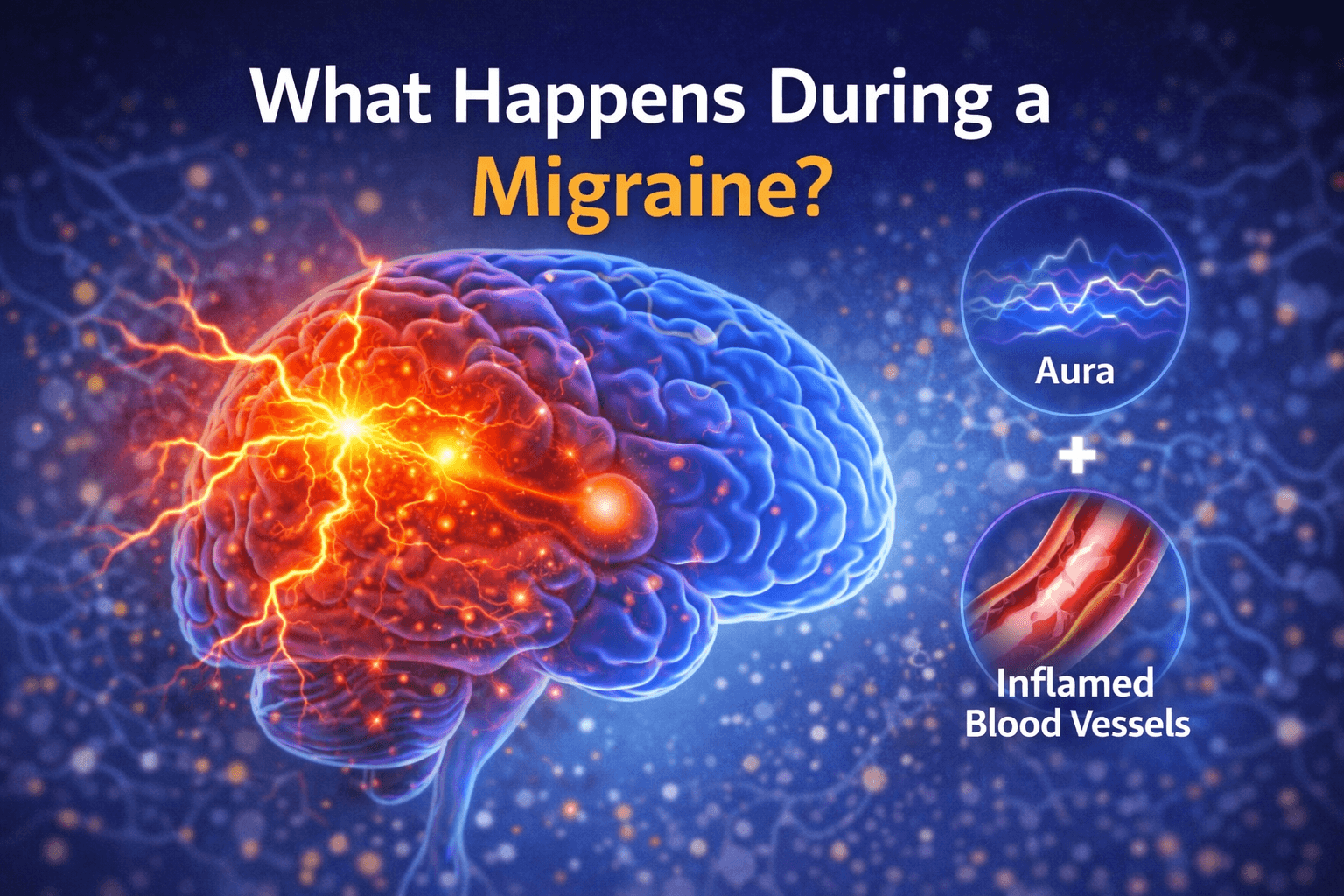 Medical illustration of migraine showing brain electrical activity, aura symptoms, and inflamed blood vessels that cause migraine headaches.