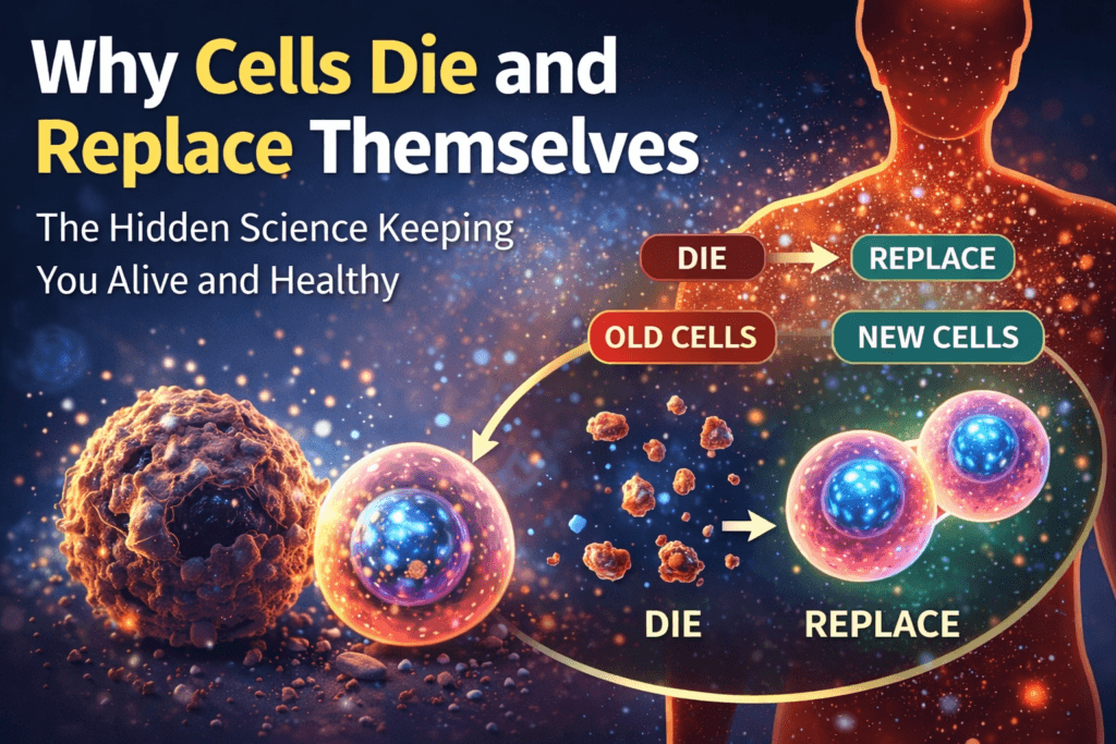 Simple visual explaining how old cells die and new cells replace them to keep your body healthy