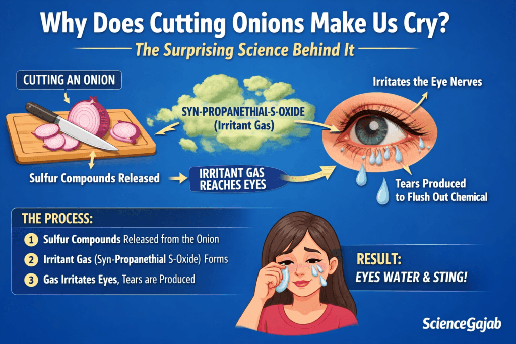 Infographic explaining why cutting onions makes us cry, showing release of sulfur compounds, formation of syn-propanethial-S-oxide gas, irritation of eye nerves, and tear production to flush out the chemical (ScienceGajab).