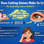 Infographic explaining why cutting onions makes us cry, showing release of sulfur compounds, formation of syn-propanethial-S-oxide gas, irritation of eye nerves, and tear production to flush out the chemical (ScienceGajab).