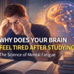 Student feeling mentally exhausted after studying with glowing brain illustration explaining mental fatigue.