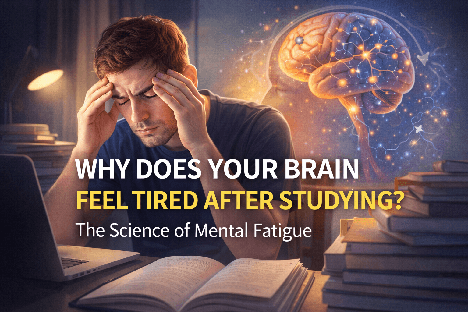 Student feeling mentally exhausted after studying with glowing brain illustration explaining mental fatigue.