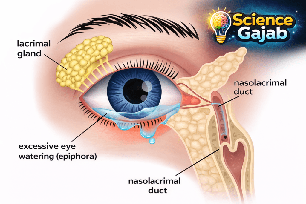 Diagram of human eye showing lacrimal gland and nasolacrimal duct with tear production (epiphora) – ScienceGajab medical illustration