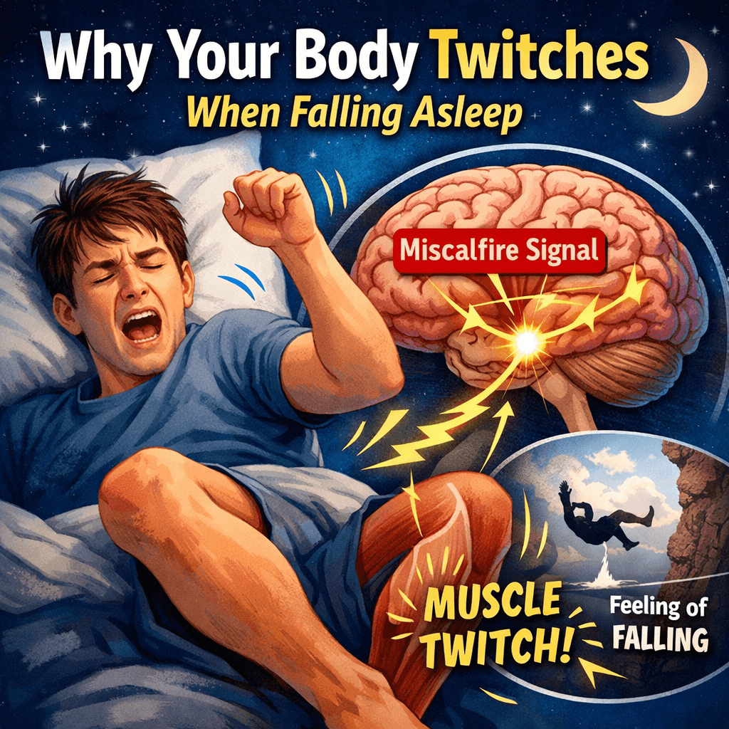 Person suddenly twitching while falling asleep as brain sends misfire signal causing hypnic jerk muscle twitch during sleep onset