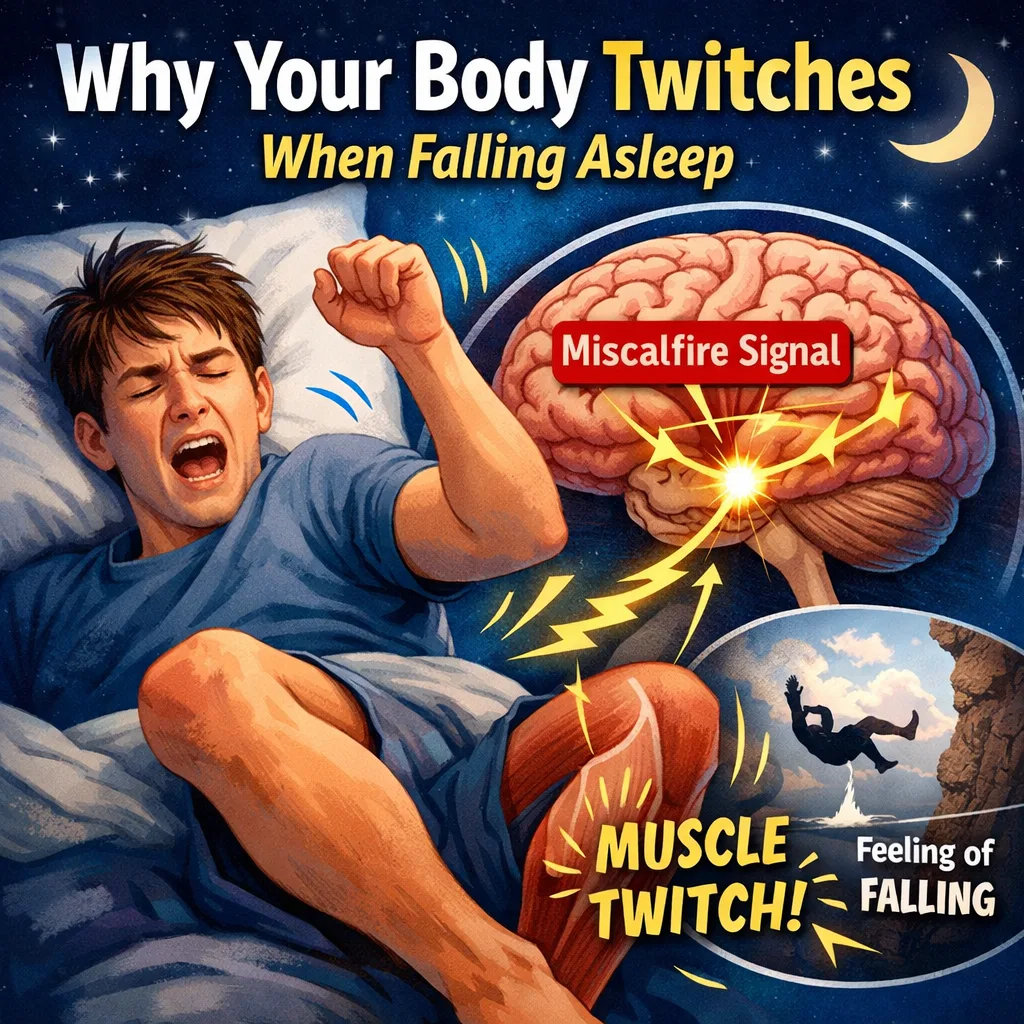 Person suddenly twitching while falling asleep as brain sends misfire signal causing hypnic jerk muscle twitch during sleep onset