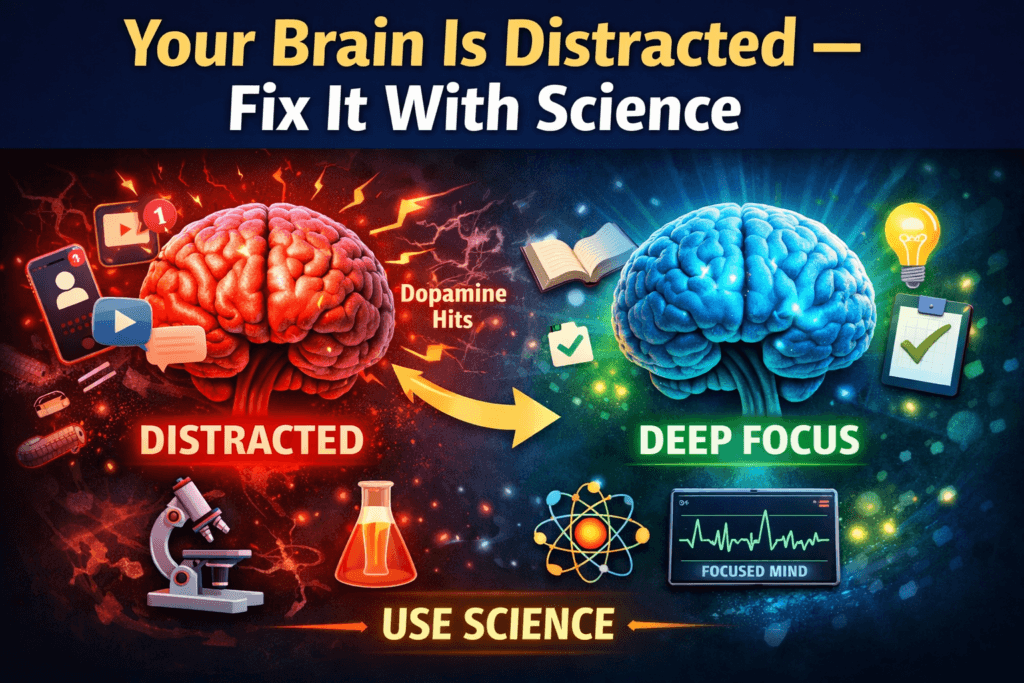 illustration of brain switching between distractions and deep focus showing dopamine effect