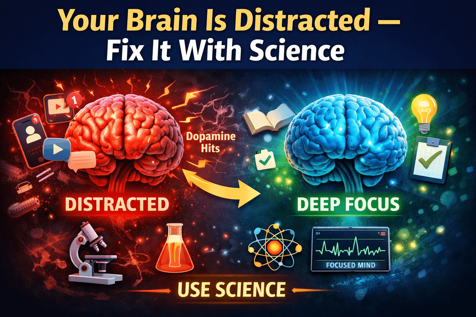 illustration of brain switching between distractions and deep focus showing dopamine effect