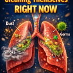 illustration of lungs cleaning dust and germs using mucus and cilia