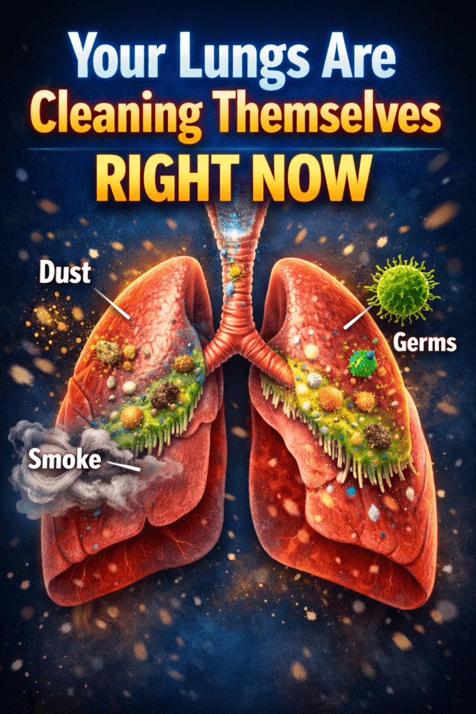 illustration of lungs cleaning dust and germs using mucus and cilia