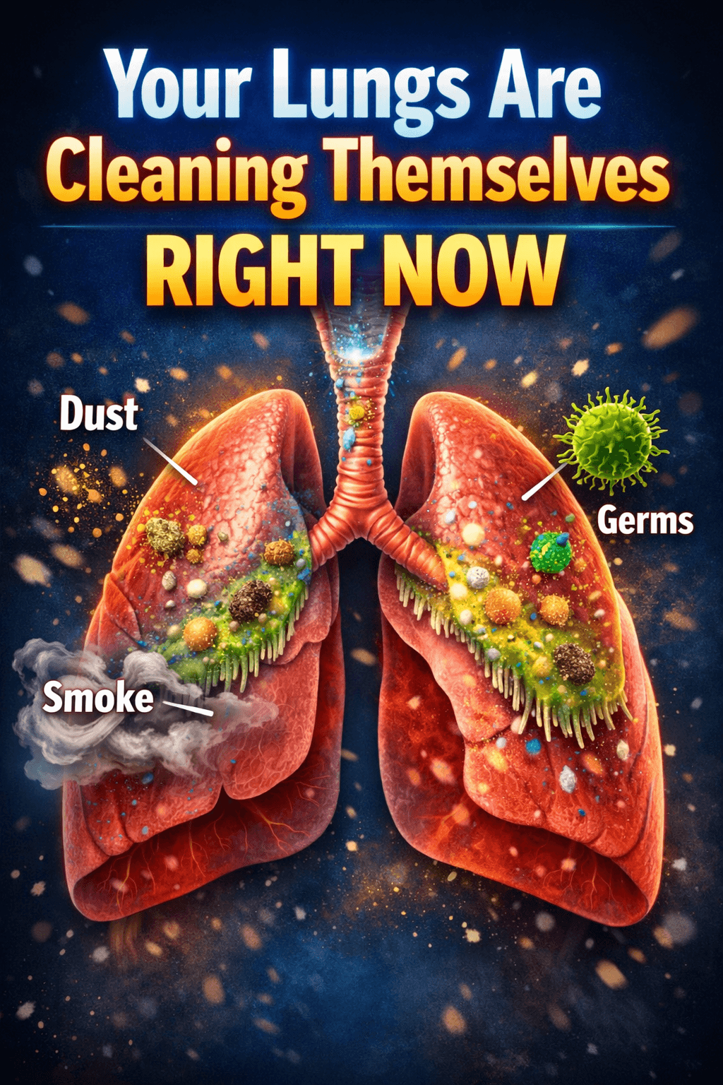 illustration of lungs cleaning dust and germs using mucus and cilia