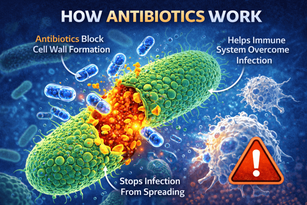 Illustration showing how antibiotics kill bacteria by attacking the bacterial cell wall, stopping infection spread, and helping the immune system fight bacterial infection, explaining the mechanism of antibiotic action.