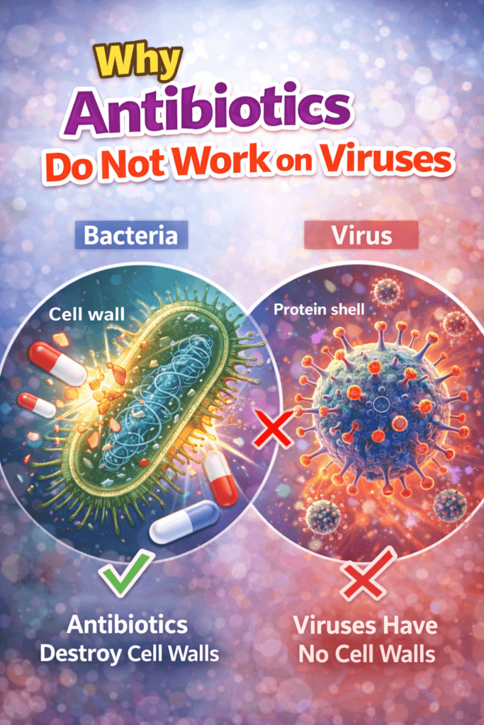 Educational illustration comparing bacteria and viruses, showing how antibiotics destroy bacterial cell walls but do not work against viruses.