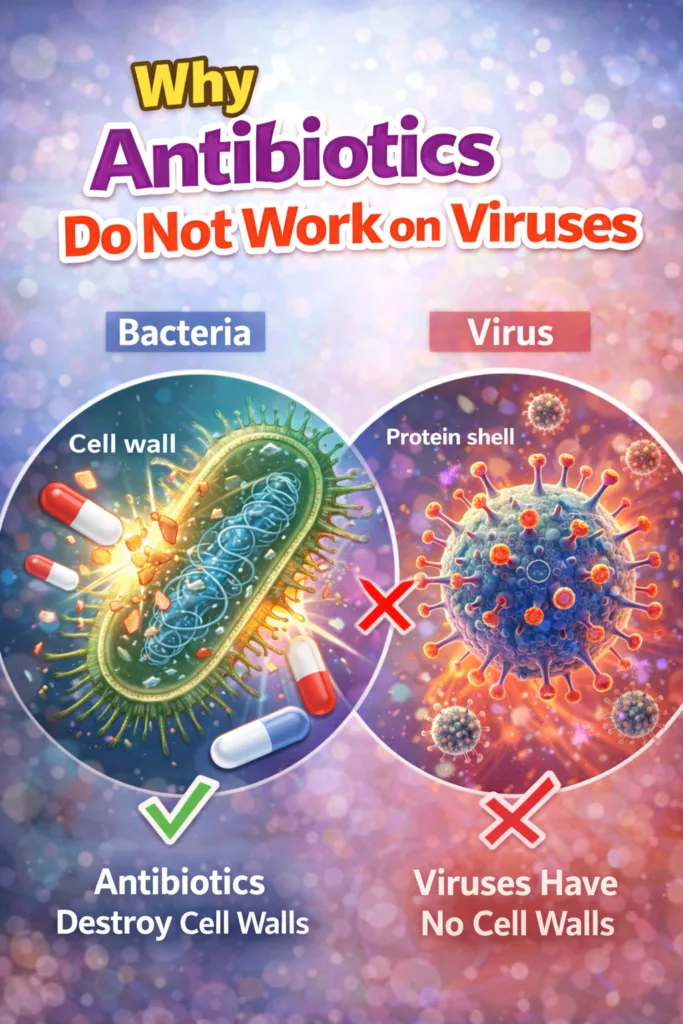 Educational illustration comparing bacteria and viruses, showing how antibiotics destroy bacterial cell walls but do not work against viruses.