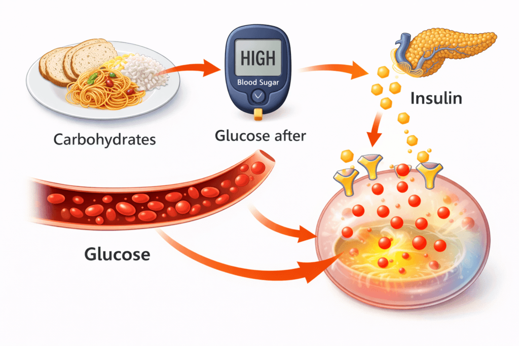medical infographic showing blood sugar rising after eating carbohydrates, insulin hormone helping cells absorb glucose, simple educational health illustration, colorful and easy to understand