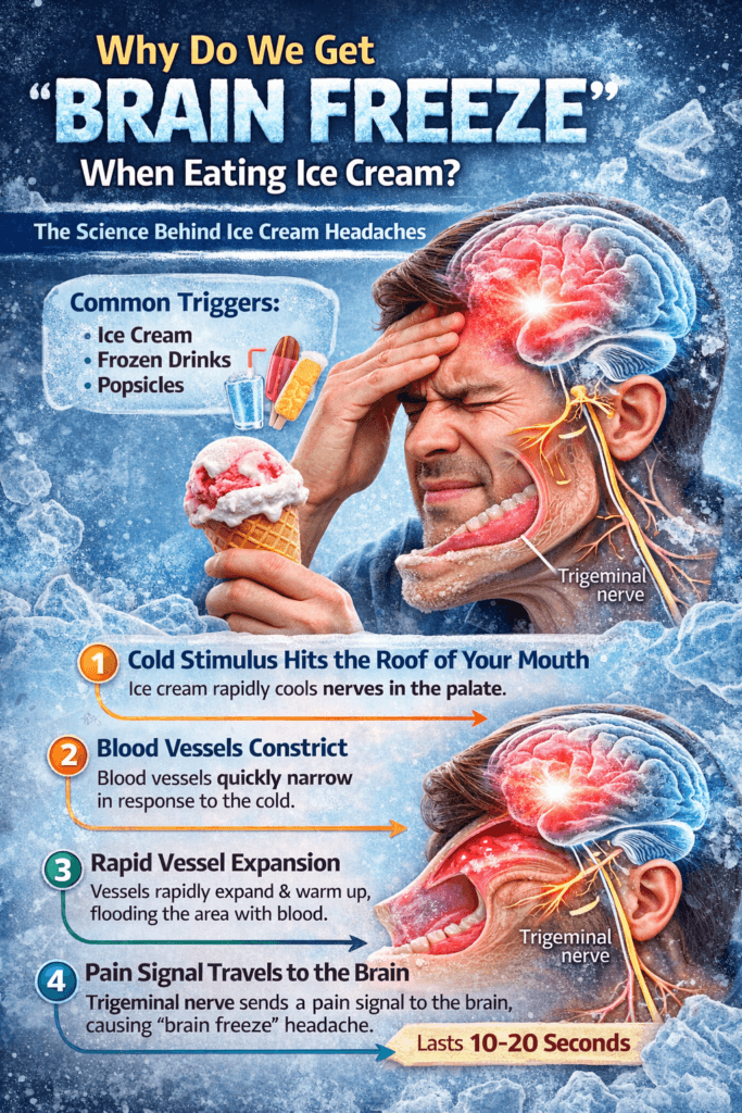 Infographic explaining brain freeze process showing ice cream cooling mouth, blood vessel constriction, trigeminal nerve activation, and headache signal to brain