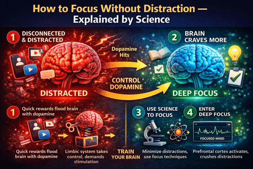 science-based focus process showing distracted brain vs deep focus and how dopamine affects attention