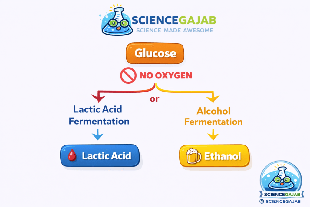Simple diagram showing fermentation process where glucose is converted into lactic acid or alcohol without oxygen