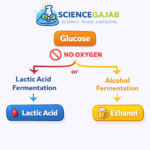 Simple diagram showing fermentation process where glucose is converted into lactic acid or alcohol without oxygen