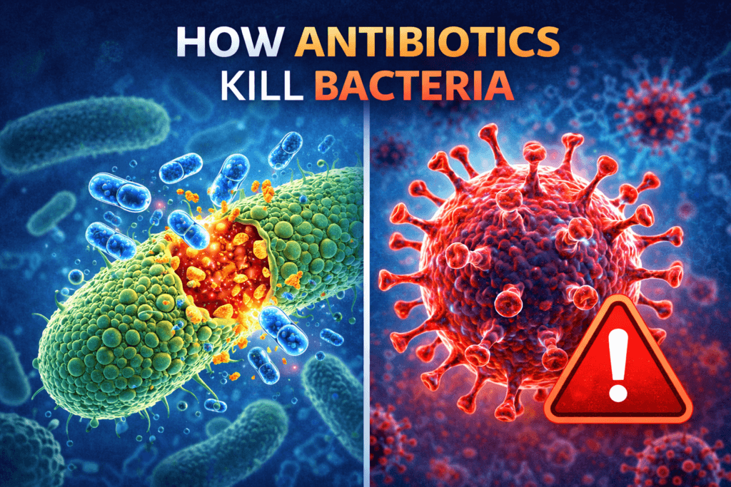 Split medical illustration showing antibiotics attacking a green bacterial cell wall on one side, and a red virus on the other side with a resistance warning symbol, explaining how antibiotics kill bacteria but not viruses.