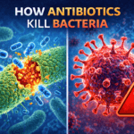 Split medical illustration showing antibiotics attacking a green bacterial cell wall on one side, and a red virus on the other side with a resistance warning symbol, explaining how antibiotics kill bacteria but not viruses.