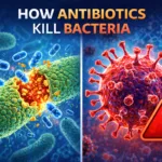 Split medical illustration showing antibiotics attacking a green bacterial cell wall on one side, and a red virus on the other side with a resistance warning symbol, explaining how antibiotics kill bacteria but not viruses.