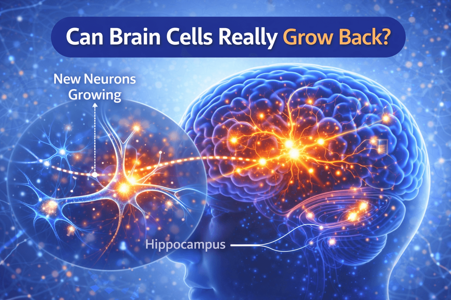 Illustration showing neurogenesis where new brain neurons grow and connect in the hippocampus.