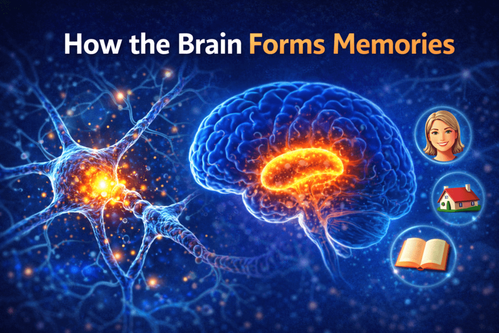 Illustration showing how the brain forms memories through neurons, synapses, and the hippocampus storing information.