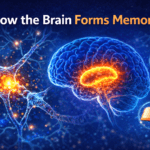 Illustration showing how the brain forms memories through neurons, synapses, and the hippocampus storing information.