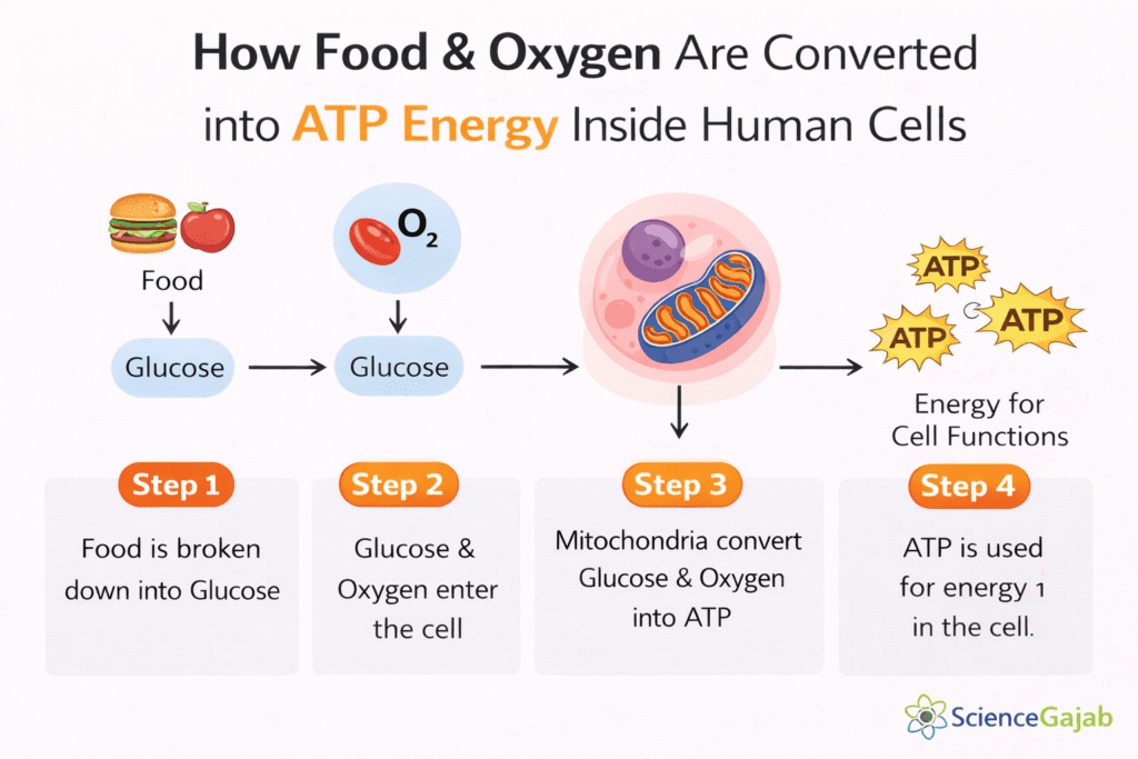Step by step diagram showing how food and oxygen are converted into ATP energy inside human cells